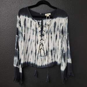 Exist Women’s Small Tie Dye Lace Up Blouse Black White Bell Sleeve Boho NWT